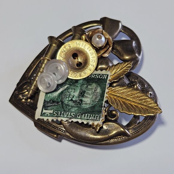OOAK VINTAGE HEART TRAMP ART FOLK ART BROOCH PIN VERY UNIQUE - Picture 6 of 9